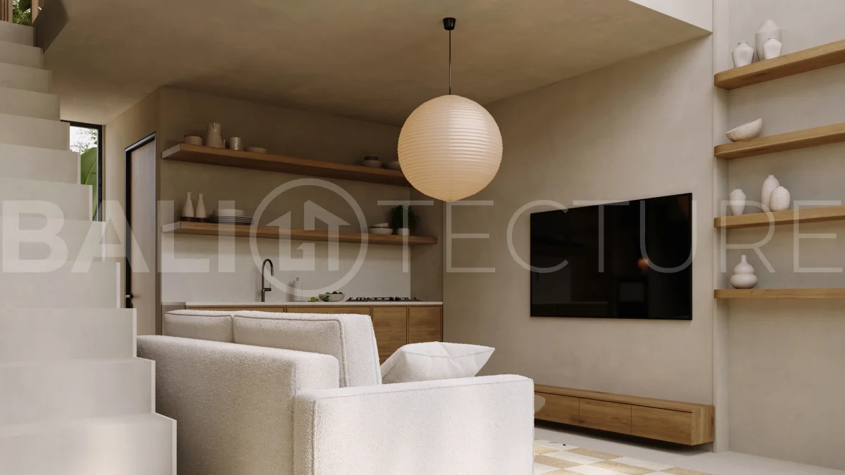 Off plan one bedroom loft residence in Cepaka, Tabanan, featuring contemporary tropical design, open plan living, private plunge pool, and views of the surrounding rice paddies.