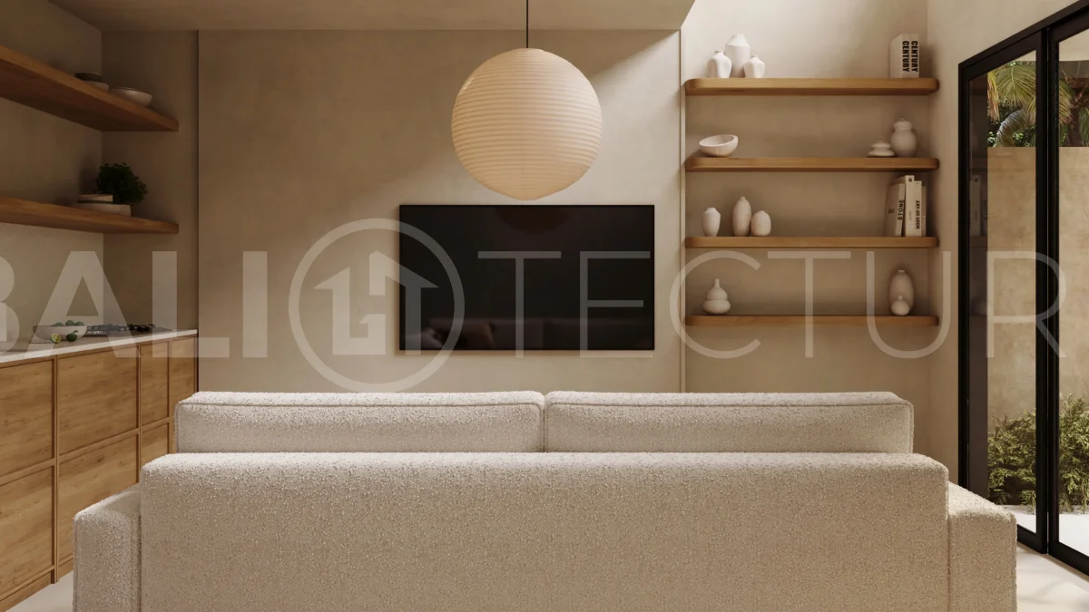 Off plan one bedroom loft residence in Cepaka, Tabanan, featuring contemporary tropical design, open plan living, private plunge pool, and views of the surrounding rice paddies.