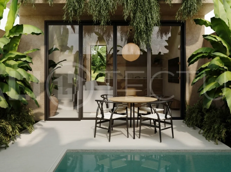 Off plan one bedroom loft residence in Cepaka, Tabanan, featuring contemporary tropical design, open plan living, private plunge pool, and views of the surrounding rice paddies.