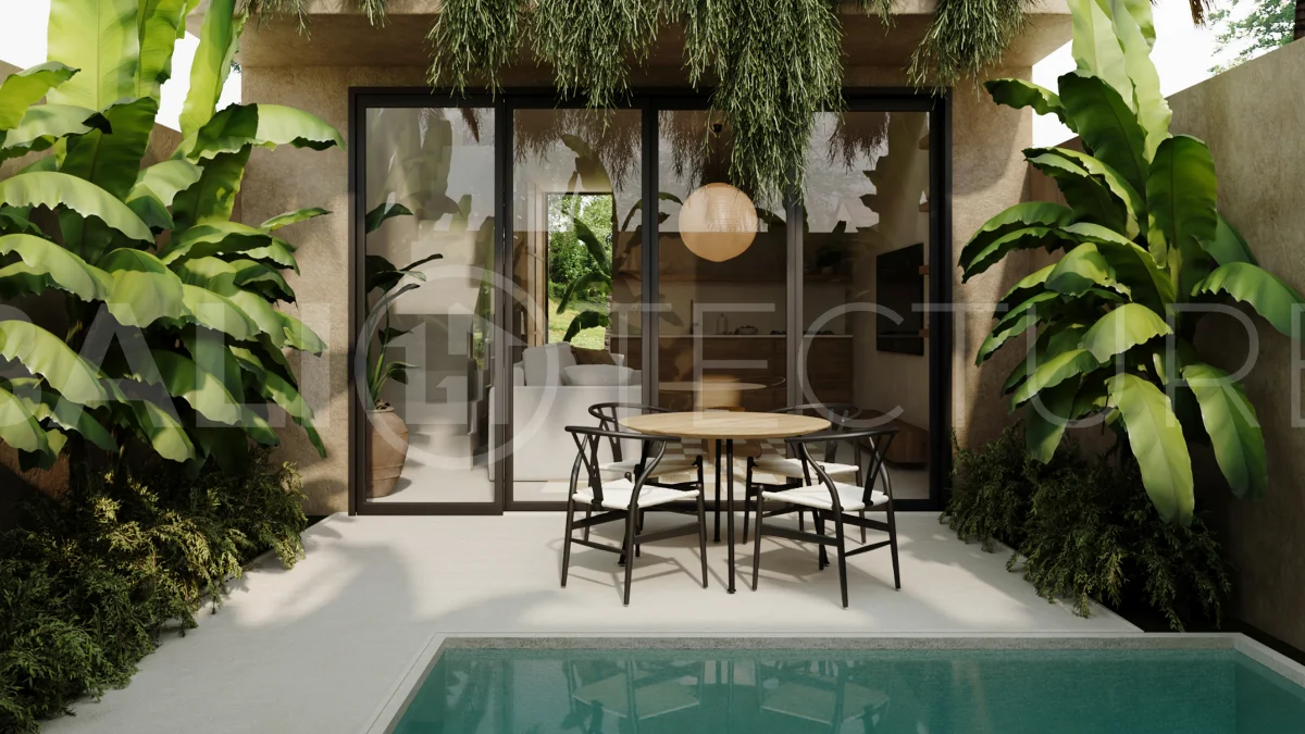 Off plan one bedroom loft residence in Cepaka, Tabanan, featuring contemporary tropical design, open plan living, private plunge pool, and views of the surrounding rice paddies.
