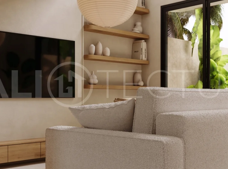 Off plan one bedroom loft residence in Cepaka, Tabanan, featuring contemporary tropical design, open plan living, private plunge pool, and views of the surrounding rice paddies.