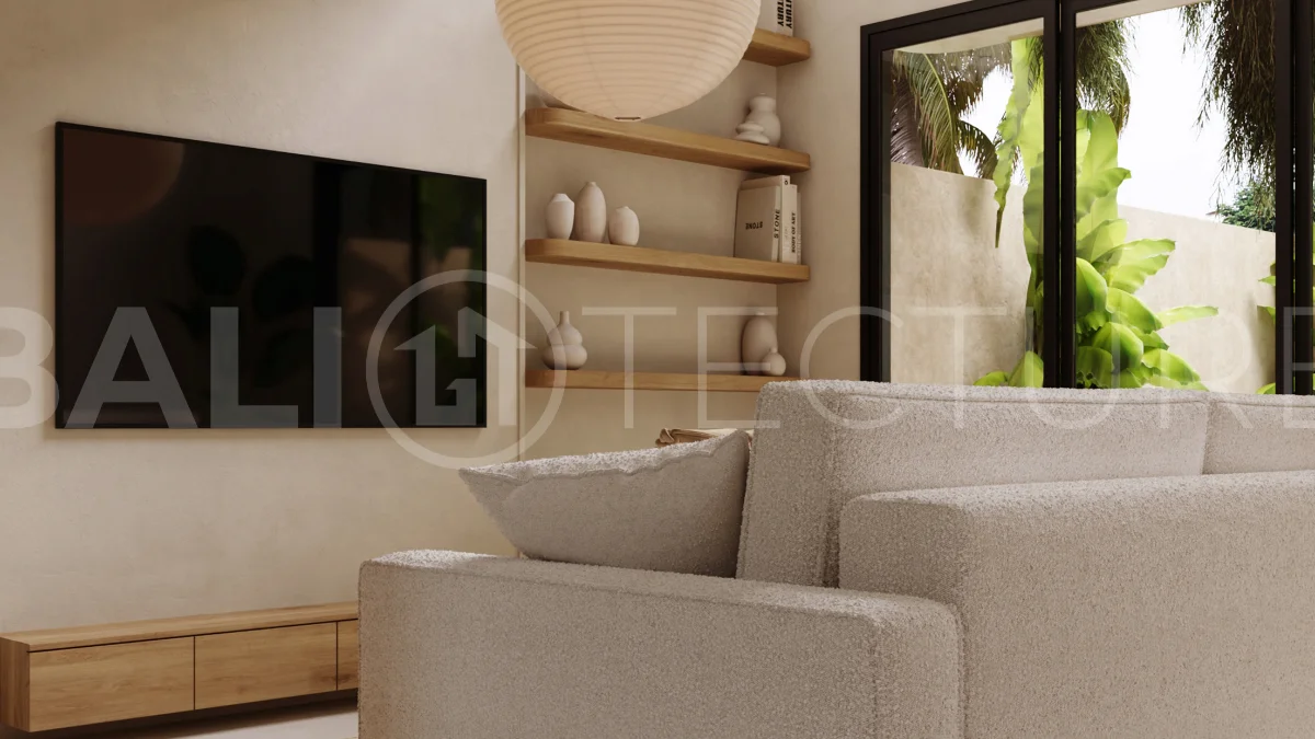 Off plan one bedroom loft residence in Cepaka, Tabanan, featuring contemporary tropical design, open plan living, private plunge pool, and views of the surrounding rice paddies.