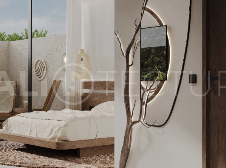 Studio villa for sale in Ubud Centre featuring tranquil natural interiors, warm wood accents, minimalist design, and access to a wellness-focused resort with yoga, sauna, ice plunge, restaurant, and concierge services.