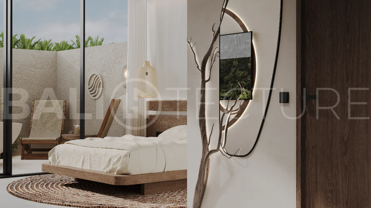 Studio villa for sale in Ubud Centre featuring tranquil natural interiors, warm wood accents, minimalist design, and access to a wellness-focused resort with yoga, sauna, ice plunge, restaurant, and concierge services.