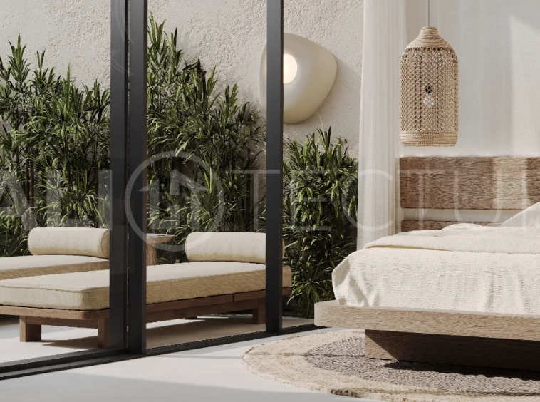 Studio villa for sale in Ubud Centre featuring tranquil natural interiors, warm wood accents, minimalist design, and access to a wellness-focused resort with yoga, sauna, ice plunge, restaurant, and concierge services.