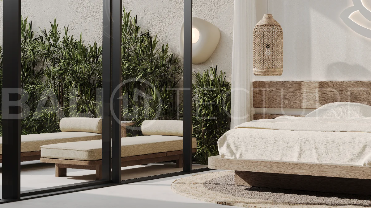 Studio villa for sale in Ubud Centre featuring tranquil natural interiors, warm wood accents, minimalist design, and access to a wellness-focused resort with yoga, sauna, ice plunge, restaurant, and concierge services.