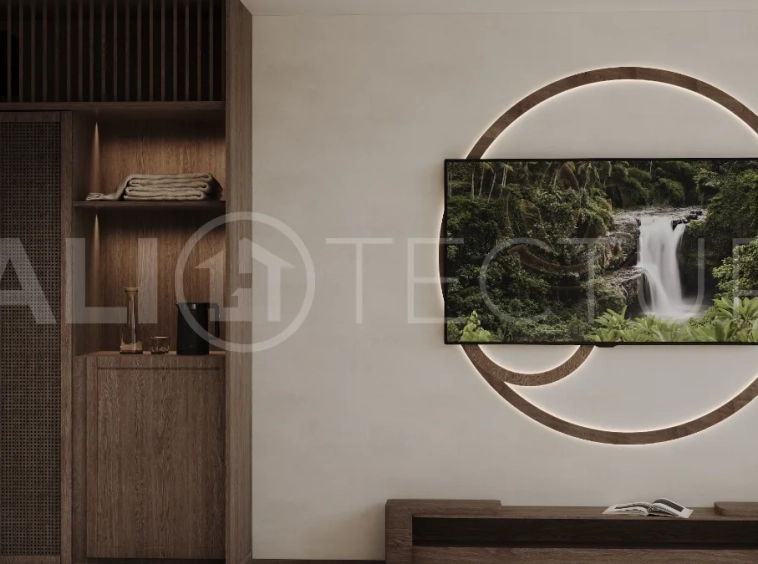 Studio villa for sale in Ubud Centre featuring tranquil natural interiors, warm wood accents, minimalist design, and access to a wellness-focused resort with yoga, sauna, ice plunge, restaurant, and concierge services.
