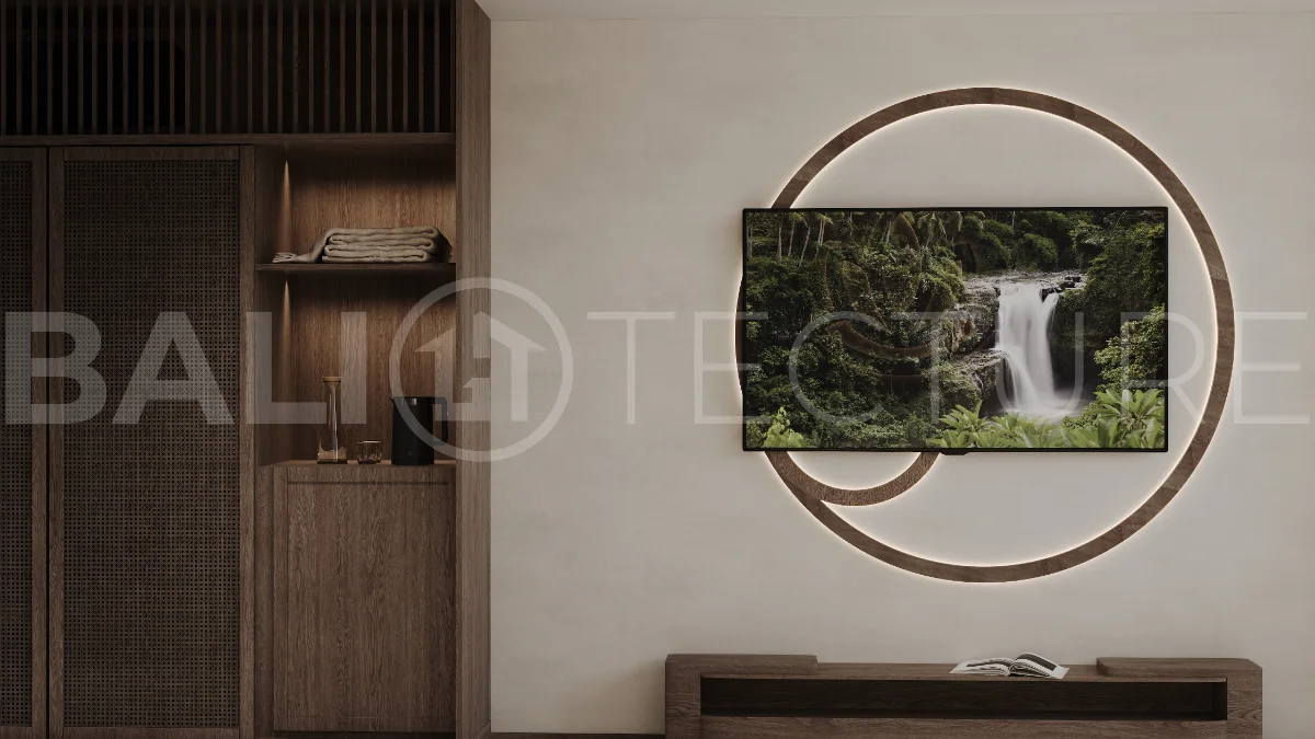 Studio villa for sale in Ubud Centre featuring tranquil natural interiors, warm wood accents, minimalist design, and access to a wellness-focused resort with yoga, sauna, ice plunge, restaurant, and concierge services.