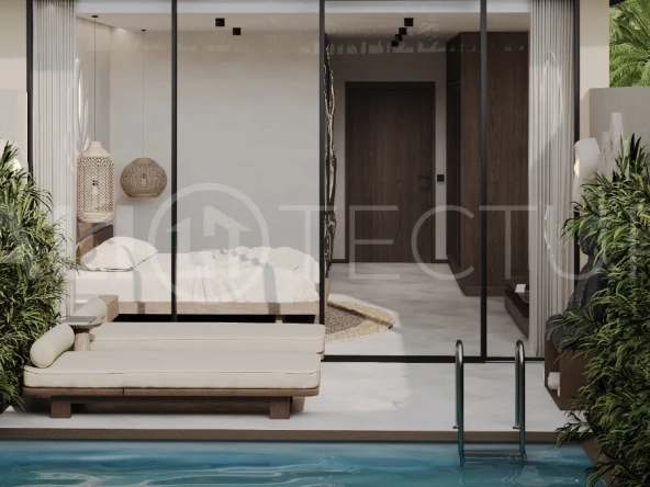 Studio villa for sale in Ubud Centre featuring tranquil natural interiors, warm wood accents, minimalist design, and access to a wellness-focused resort with yoga, sauna, ice plunge, restaurant, and concierge services.