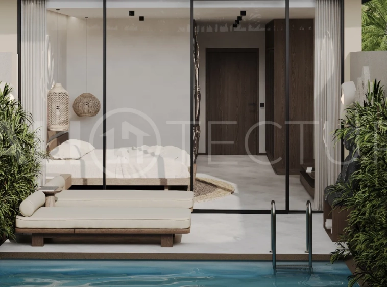 Studio villa for sale in Ubud Centre featuring tranquil natural interiors, warm wood accents, minimalist design, and access to a wellness-focused resort with yoga, sauna, ice plunge, restaurant, and concierge services.