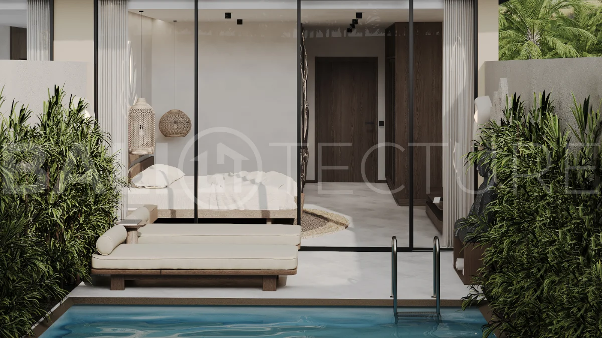 Studio villa for sale in Ubud Centre featuring tranquil natural interiors, warm wood accents, minimalist design, and access to a wellness-focused resort with yoga, sauna, ice plunge, restaurant, and concierge services.