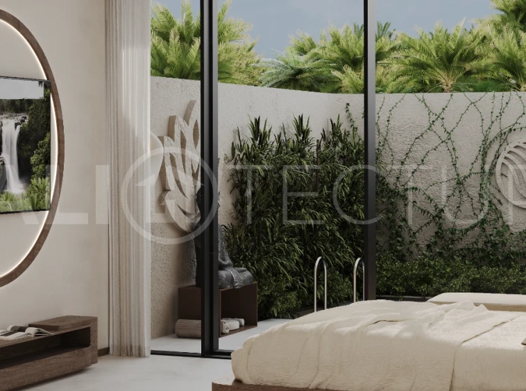 Studio villa for sale in Ubud Centre featuring tranquil natural interiors, warm wood accents, minimalist design, and access to a wellness-focused resort with yoga, sauna, ice plunge, restaurant, and concierge services.