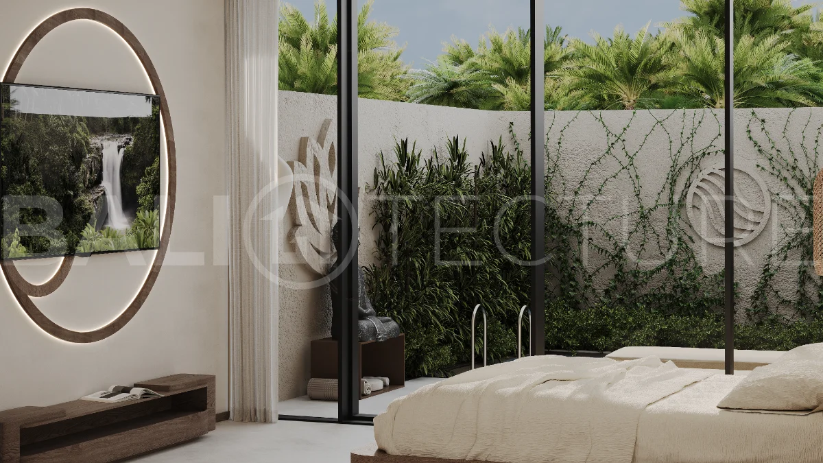 Studio villa for sale in Ubud Centre featuring tranquil natural interiors, warm wood accents, minimalist design, and access to a wellness-focused resort with yoga, sauna, ice plunge, restaurant, and concierge services.