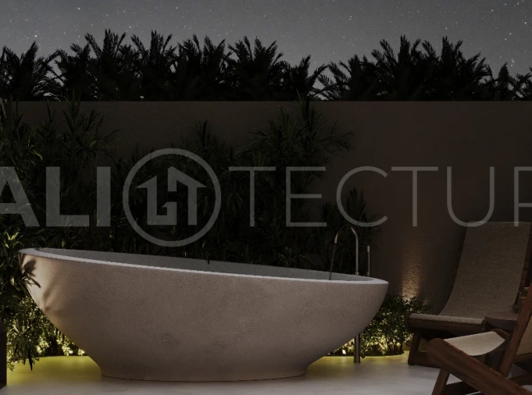 Studio villa for sale in Ubud Centre featuring tranquil natural interiors, warm wood accents, minimalist design, and access to a wellness-focused resort with yoga, sauna, ice plunge, restaurant, and concierge services.