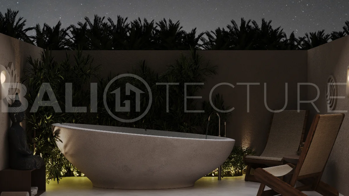 Studio villa for sale in Ubud Centre featuring tranquil natural interiors, warm wood accents, minimalist design, and access to a wellness-focused resort with yoga, sauna, ice plunge, restaurant, and concierge services.