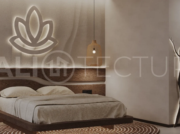 Studio villa for sale in Ubud Centre featuring tranquil natural interiors, warm wood accents, minimalist design, and access to a wellness-focused resort with yoga, sauna, ice plunge, restaurant, and concierge services.