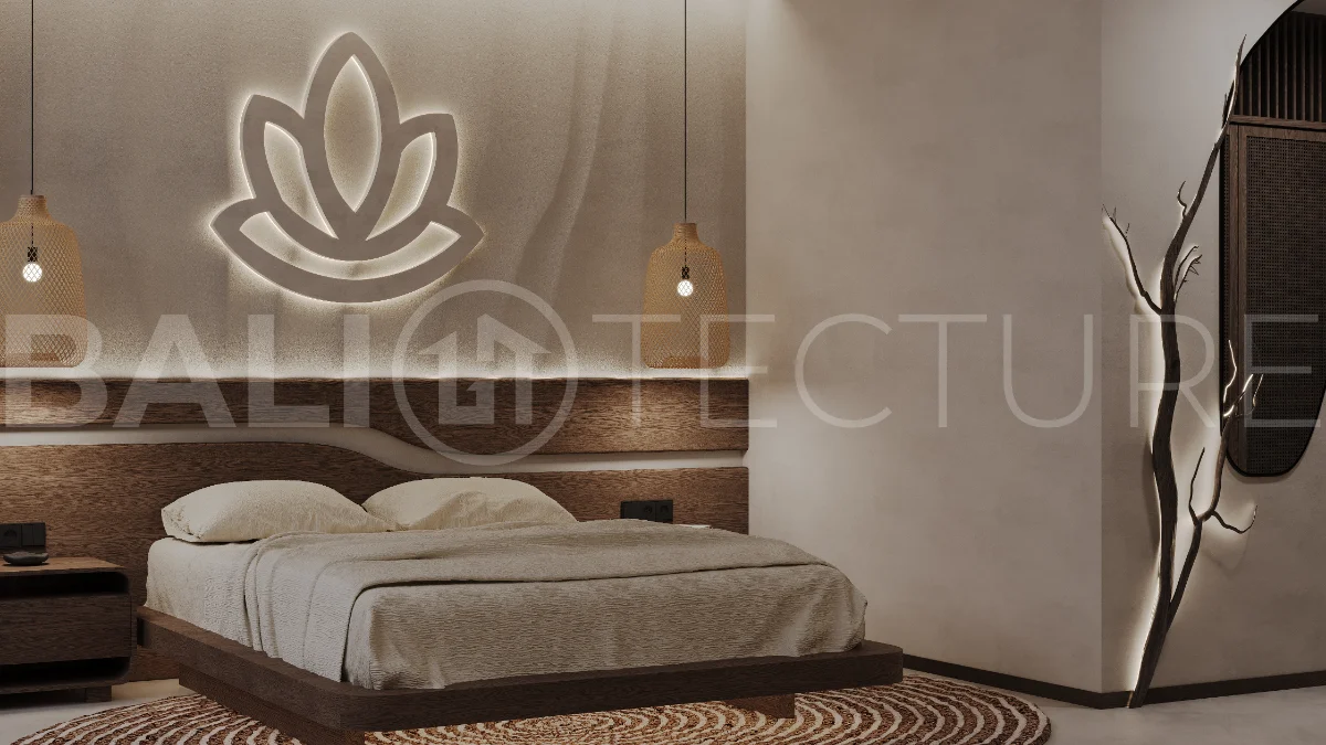 Studio villa for sale in Ubud Centre featuring tranquil natural interiors, warm wood accents, minimalist design, and access to a wellness-focused resort with yoga, sauna, ice plunge, restaurant, and concierge services.