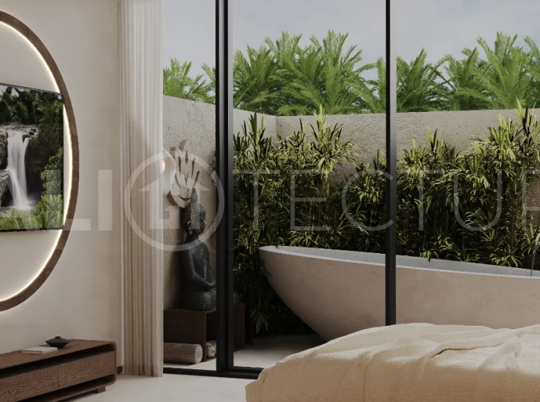 Studio villa for sale in Ubud Centre featuring tranquil natural interiors, warm wood accents, minimalist design, and access to a wellness-focused resort with yoga, sauna, ice plunge, restaurant, and concierge services.