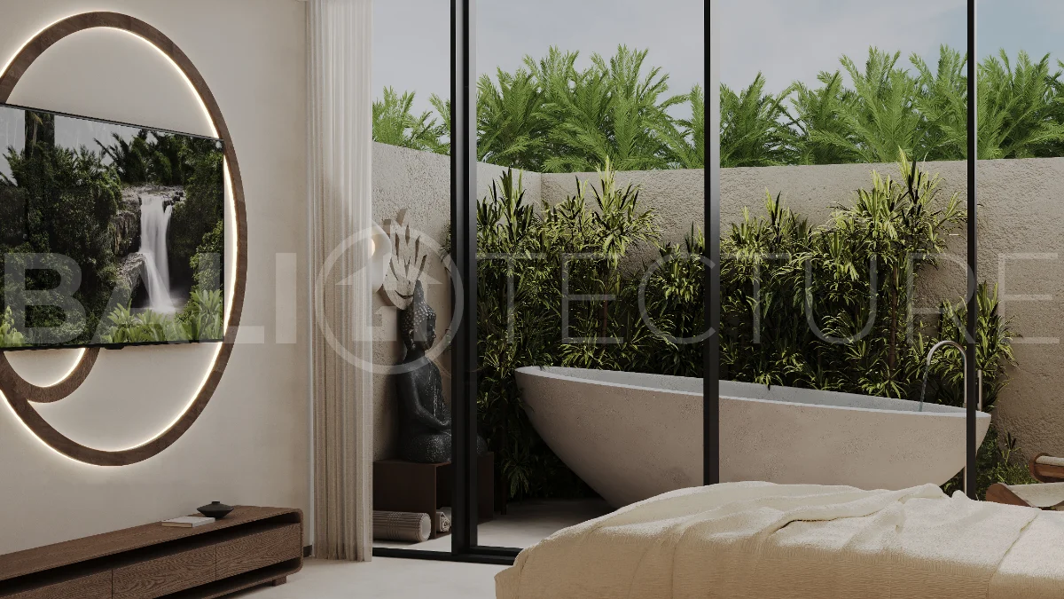Studio villa for sale in Ubud Centre featuring tranquil natural interiors, warm wood accents, minimalist design, and access to a wellness-focused resort with yoga, sauna, ice plunge, restaurant, and concierge services.