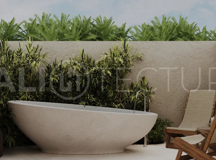 Studio villa for sale in Ubud Centre featuring tranquil natural interiors, warm wood accents, minimalist design, and access to a wellness-focused resort with yoga, sauna, ice plunge, restaurant, and concierge services.