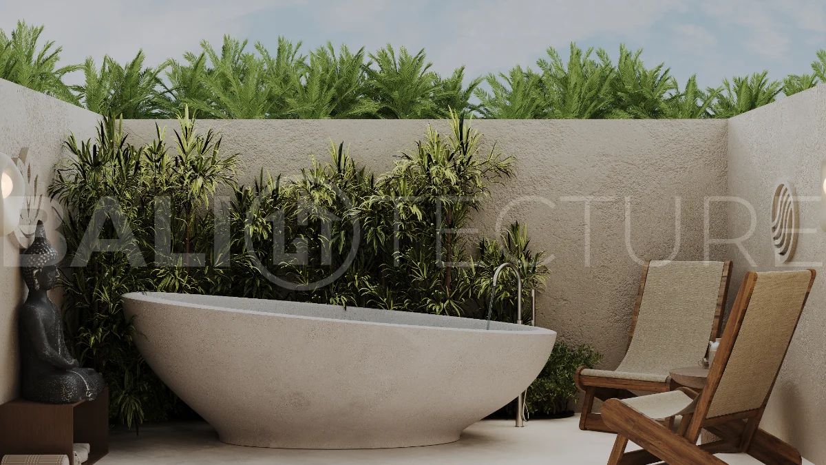 Studio villa for sale in Ubud Centre featuring tranquil natural interiors, warm wood accents, minimalist design, and access to a wellness-focused resort with yoga, sauna, ice plunge, restaurant, and concierge services.