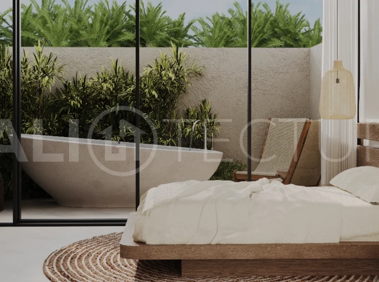 Studio villa for sale in Ubud Centre featuring tranquil natural interiors, warm wood accents, minimalist design, and access to a wellness-focused resort with yoga, sauna, ice plunge, restaurant, and concierge services.
