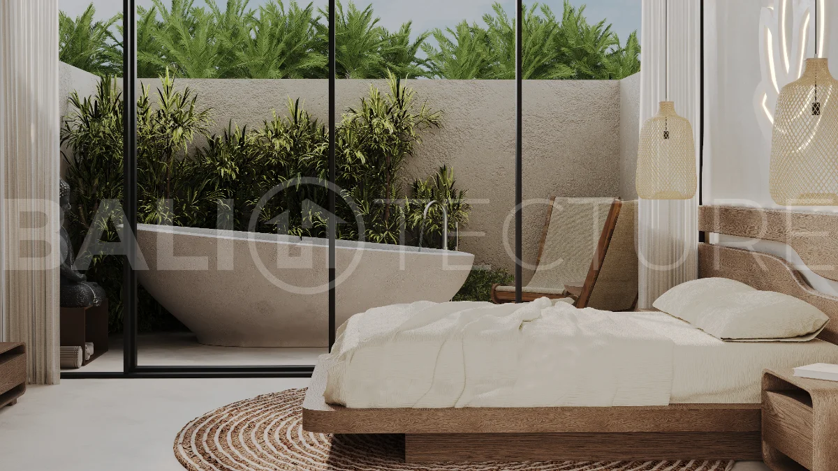 Studio villa for sale in Ubud Centre featuring tranquil natural interiors, warm wood accents, minimalist design, and access to a wellness-focused resort with yoga, sauna, ice plunge, restaurant, and concierge services.