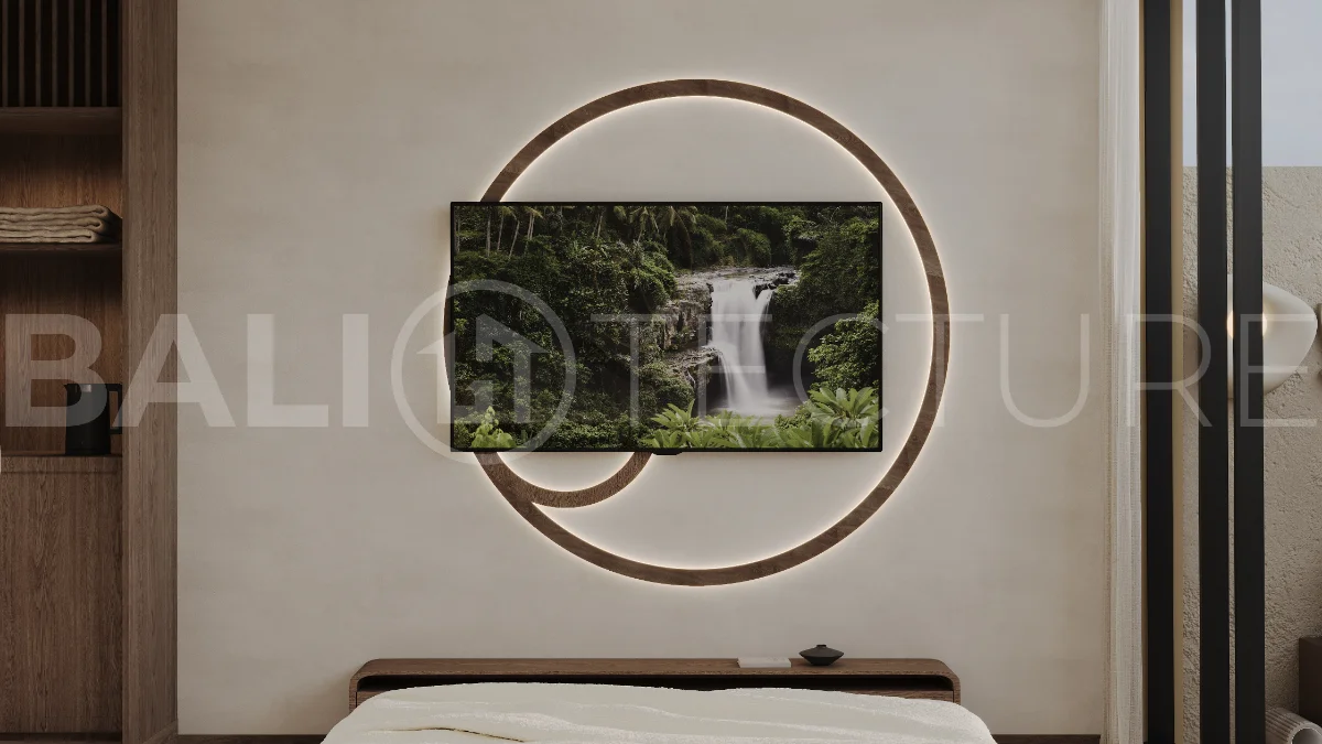 Studio villa for sale in Ubud Centre featuring tranquil natural interiors, warm wood accents, minimalist design, and access to a wellness-focused resort with yoga, sauna, ice plunge, restaurant, and concierge services.