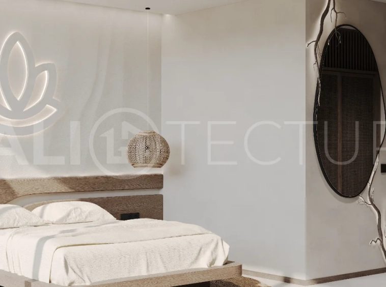 Studio villa for sale in Ubud Centre featuring tranquil natural interiors, warm wood accents, minimalist design, and access to a wellness-focused resort with yoga, sauna, ice plunge, restaurant, and concierge services.