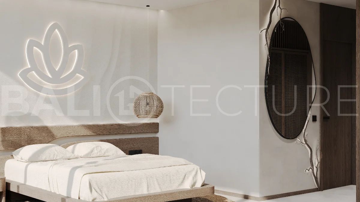 Studio villa for sale in Ubud Centre featuring tranquil natural interiors, warm wood accents, minimalist design, and access to a wellness-focused resort with yoga, sauna, ice plunge, restaurant, and concierge services.