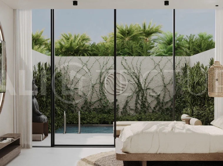 Studio villa for sale in Ubud Centre featuring tranquil natural interiors, warm wood accents, minimalist design, and access to a wellness-focused resort with yoga, sauna, ice plunge, restaurant, and concierge services.