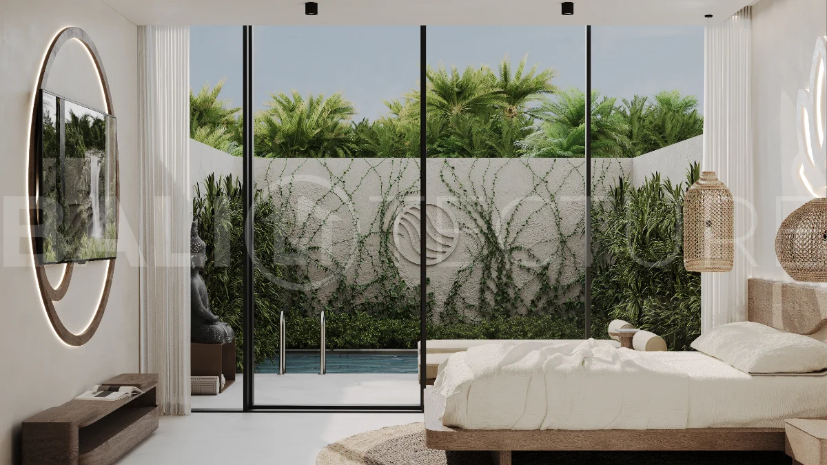 Studio villa for sale in Ubud Centre featuring tranquil natural interiors, warm wood accents, minimalist design, and access to a wellness-focused resort with yoga, sauna, ice plunge, restaurant, and concierge services.