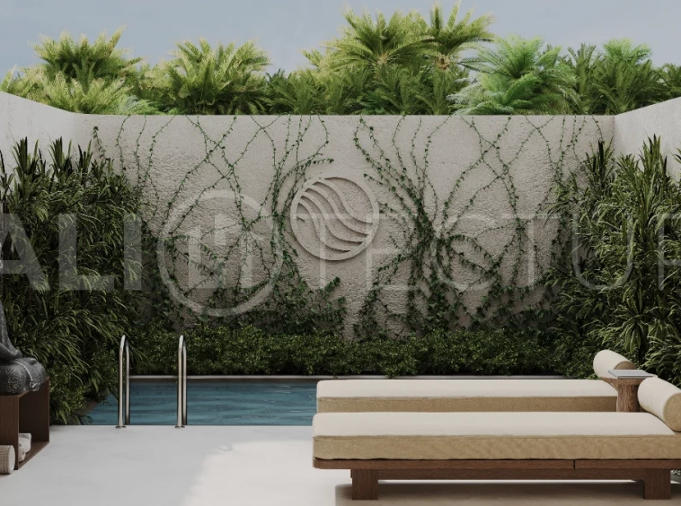 Studio villa for sale in Ubud Centre featuring tranquil natural interiors, warm wood accents, minimalist design, and access to a wellness-focused resort with yoga, sauna, ice plunge, restaurant, and concierge services.