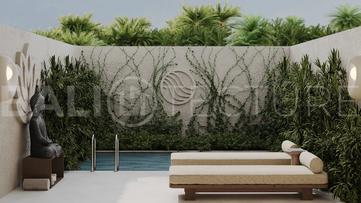Studio villa for sale in Ubud Centre featuring tranquil natural interiors, warm wood accents, minimalist design, and access to a wellness-focused resort with yoga, sauna, ice plunge, restaurant, and concierge services.