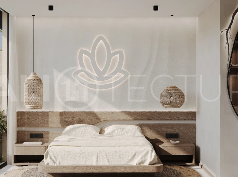 Studio villa for sale in Ubud Centre featuring tranquil natural interiors, warm wood accents, minimalist design, and access to a wellness-focused resort with yoga, sauna, ice plunge, restaurant, and concierge services.