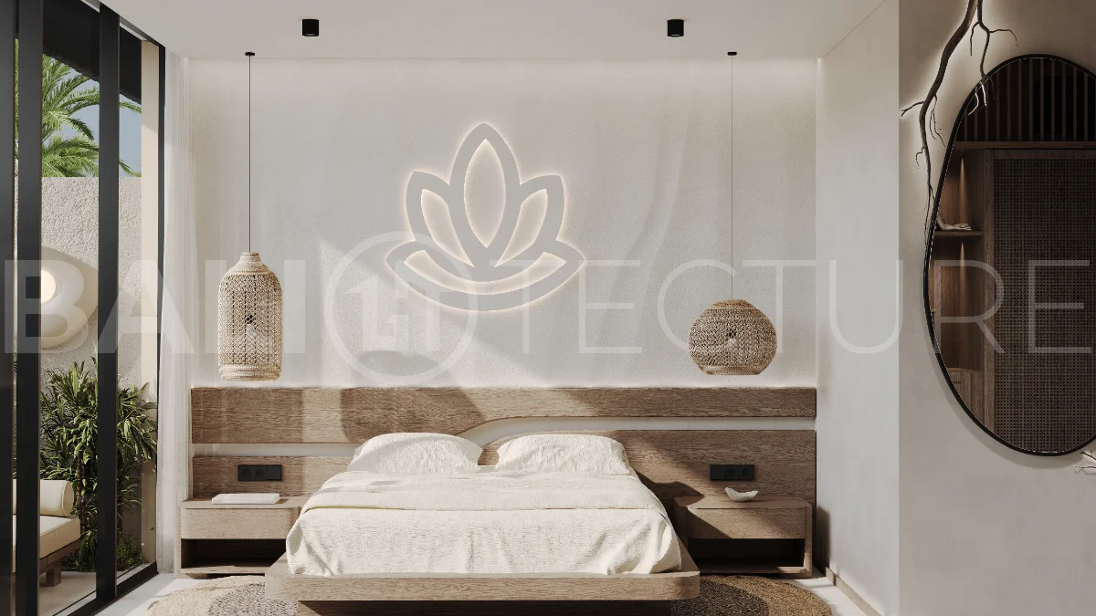 Studio villa for sale in Ubud Centre featuring tranquil natural interiors, warm wood accents, minimalist design, and access to a wellness-focused resort with yoga, sauna, ice plunge, restaurant, and concierge services.
