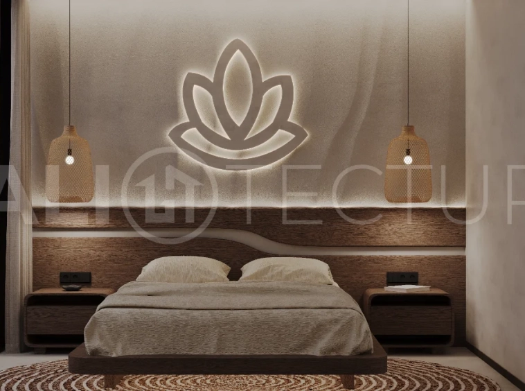 Studio villa for sale in Ubud Centre featuring tranquil natural interiors, warm wood accents, minimalist design, and access to a wellness-focused resort with yoga, sauna, ice plunge, restaurant, and concierge services.