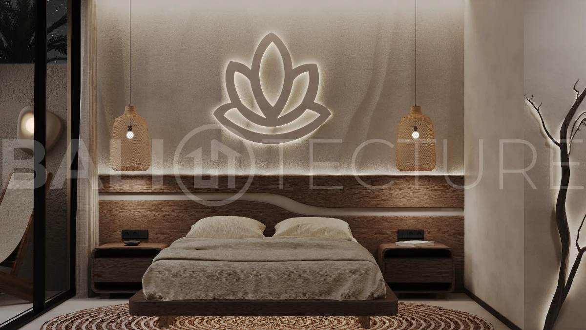 Studio villa for sale in Ubud Centre featuring tranquil natural interiors, warm wood accents, minimalist design, and access to a wellness-focused resort with yoga, sauna, ice plunge, restaurant, and concierge services.