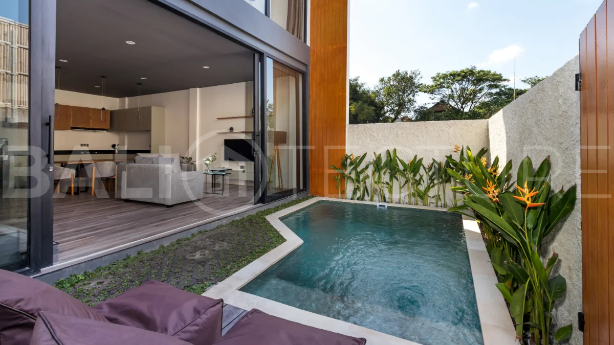 Umalas Bali villa enclave featuring four modern two-bedroom villas with private pools, tropical surroundings, and off-street parking.
