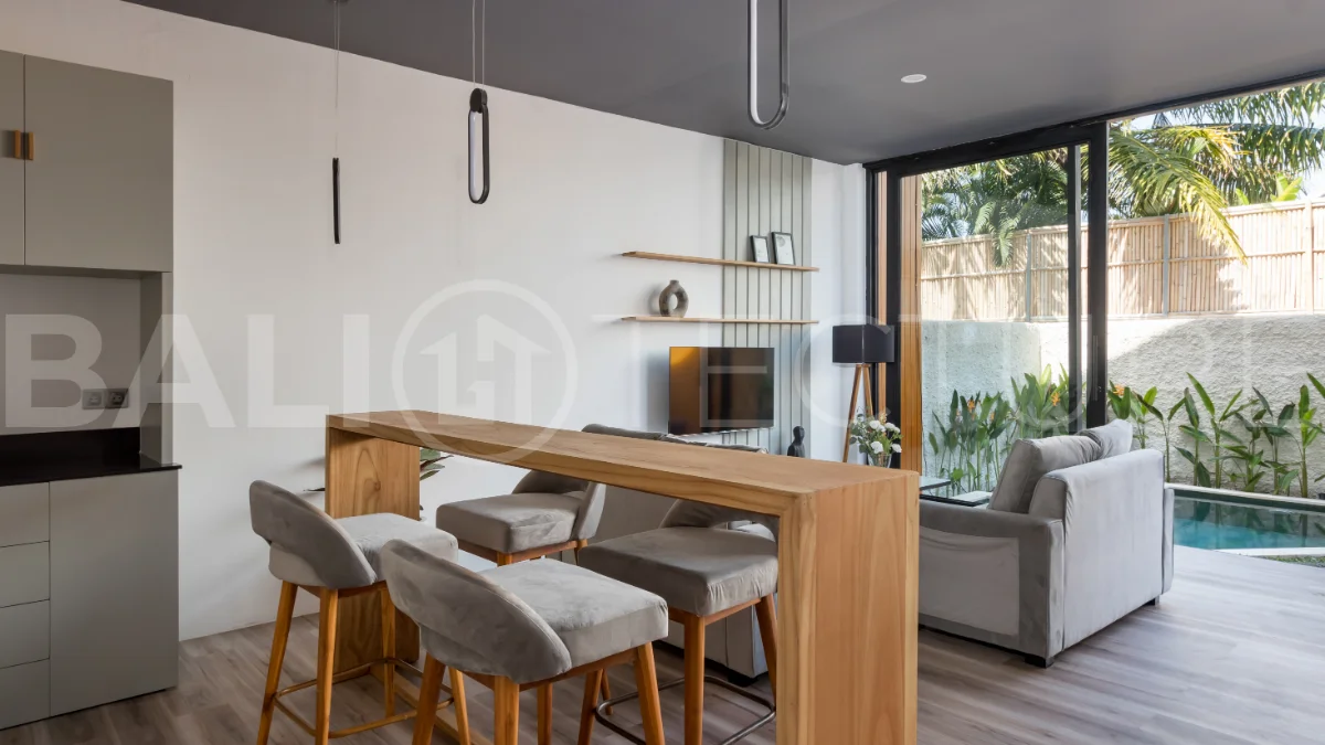 Umalas Bali villa enclave featuring four modern two-bedroom villas with private pools, tropical surroundings, and off-street parking.