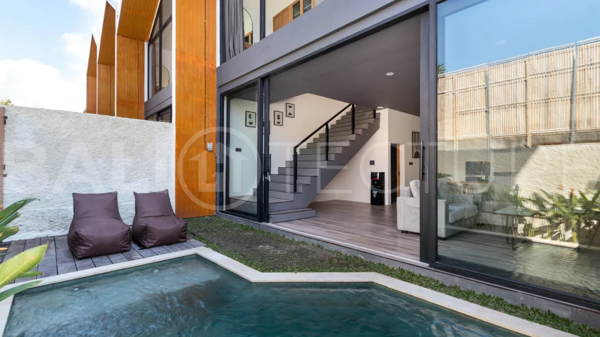 Umalas Bali villa enclave featuring four modern two-bedroom villas with private pools, tropical surroundings, and off-street parking.