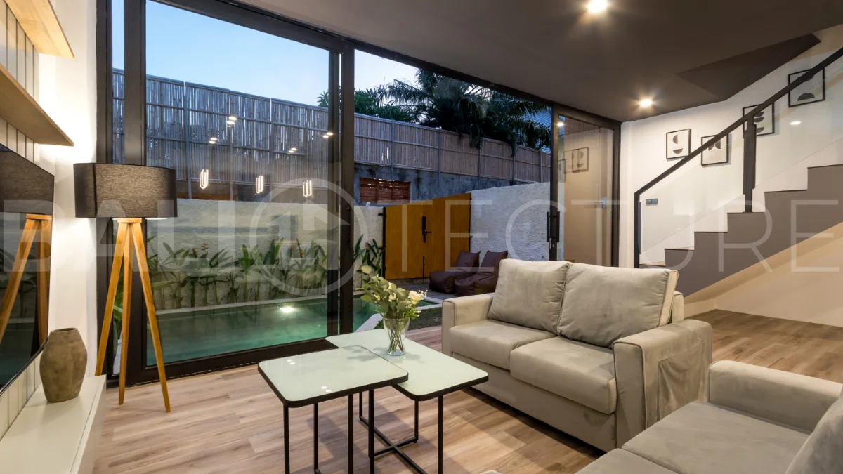 Umalas Bali villa enclave featuring four modern two-bedroom villas with private pools, tropical surroundings, and off-street parking.