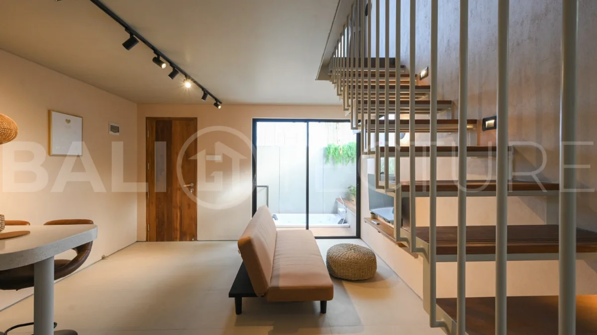 Brand-new 2-bedroom villa for sale in Pecatu, Uluwatu, featuring a modern two-storey design, 55 m² of land, 70 m² of building space, and a private jacuzzi, close to beaches, restaurants, cafés, gyms, golf, and renowned beach clubs.