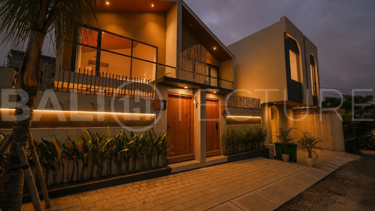 Brand-new 2-bedroom villa for sale in Pecatu, Uluwatu, featuring a modern two-storey design, 55 m² of land, 70 m² of building space, and a private jacuzzi, close to beaches, restaurants, cafés, gyms, golf, and renowned beach clubs.
