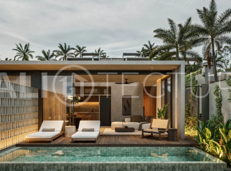 Exotic one bedroom tropical villa near Savaya Uluwatu, set within a lush jungle hillside, featuring a private pool, natural stone and timber finishes, contemporary architecture, and light filled interiors.