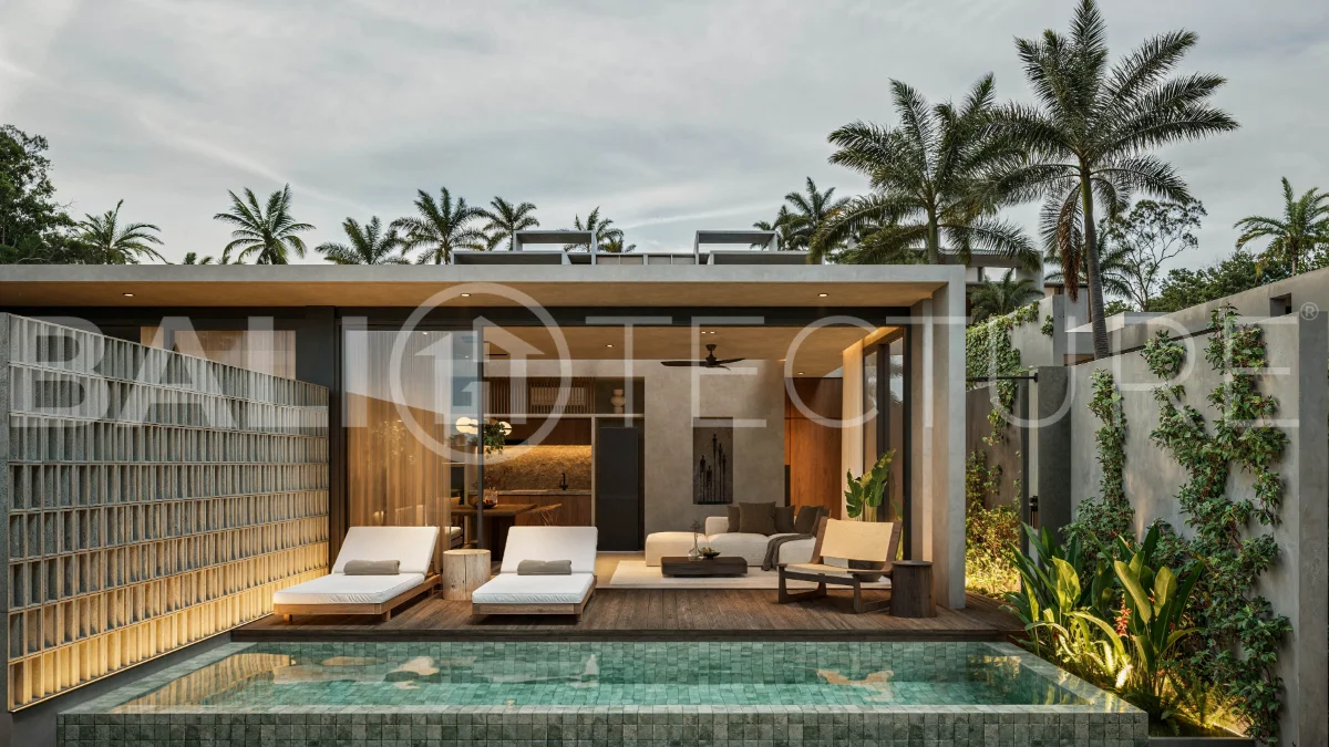 Exotic one bedroom tropical villa near Savaya Uluwatu, set within a lush jungle hillside, featuring a private pool, natural stone and timber finishes, contemporary architecture, and light filled interiors.