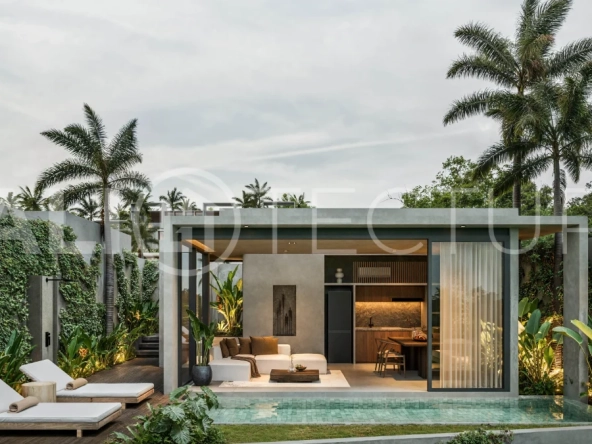 Exotic one bedroom tropical villa near Savaya Uluwatu, set within a lush jungle hillside, featuring a private pool, natural stone and timber finishes, contemporary architecture, and light filled interiors.
