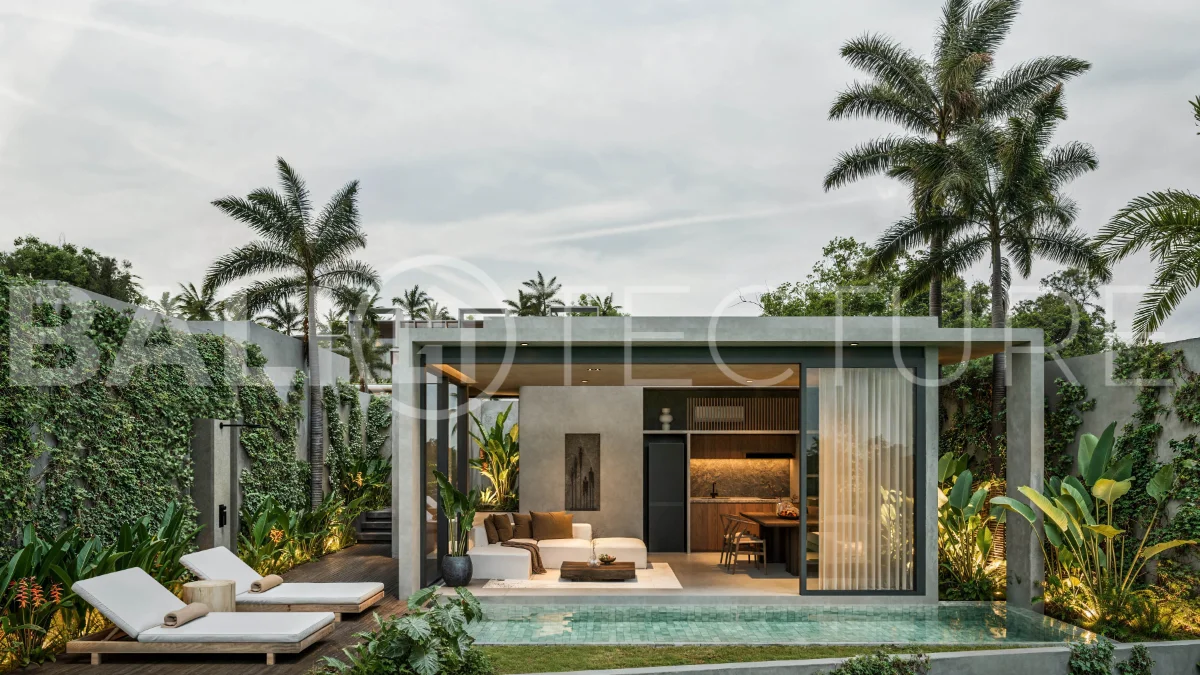 Exotic one bedroom tropical villa near Savaya Uluwatu, set within a lush jungle hillside, featuring a private pool, natural stone and timber finishes, contemporary architecture, and light filled interiors.