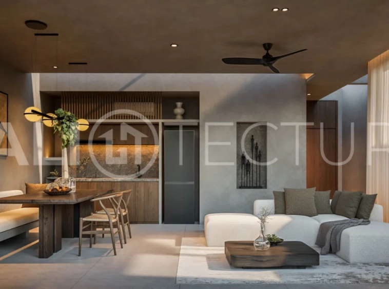Exotic one bedroom tropical villa near Savaya Uluwatu, set within a lush jungle hillside, featuring a private pool, natural stone and timber finishes, contemporary architecture, and light filled interiors.