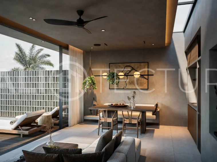 Exotic one bedroom tropical villa near Savaya Uluwatu, set within a lush jungle hillside, featuring a private pool, natural stone and timber finishes, contemporary architecture, and light filled interiors.